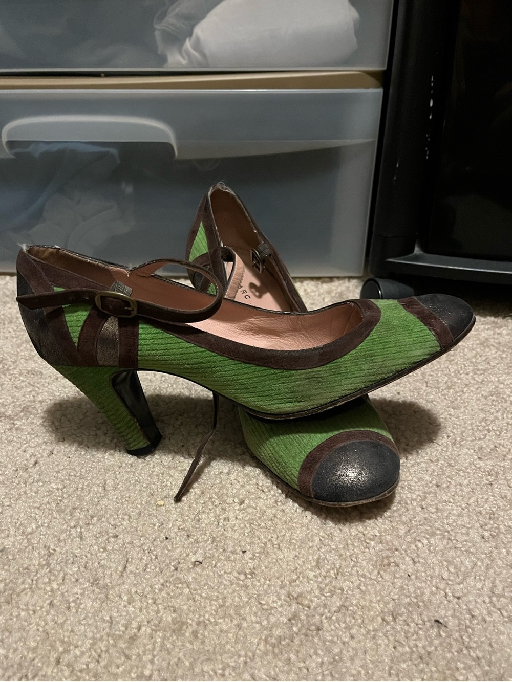 Marc Jacobs Green and Brown Mary Jane Heels with Black-Tipped Toe